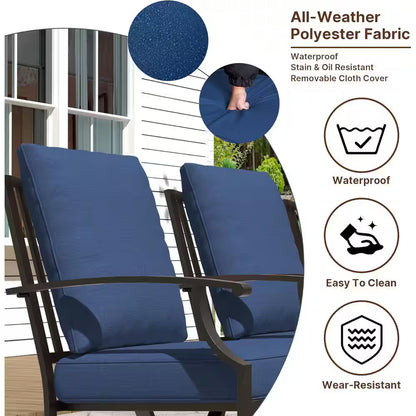 7-Piece Metal Patio Outdoor Dining Set with 6 Swivel Chairs, Large Table, Umbrella and Navyblue Cushions