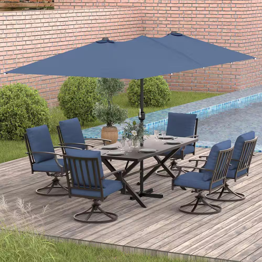 7-Piece Metal Patio Outdoor Dining Set with 6 Swivel Chairs, Large Table, Umbrella and Navyblue Cushions