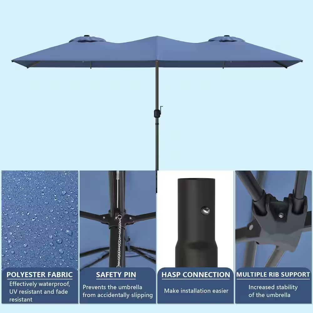 7-Piece Metal Patio Outdoor Dining Set with 6 Swivel Chairs, Large Table, Umbrella and Navyblue Cushions