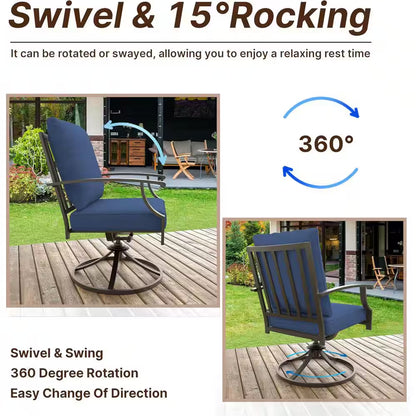 7-Piece Metal Patio Outdoor Dining Set with 6 Swivel Chairs, Large Table, Umbrella and Navyblue Cushions