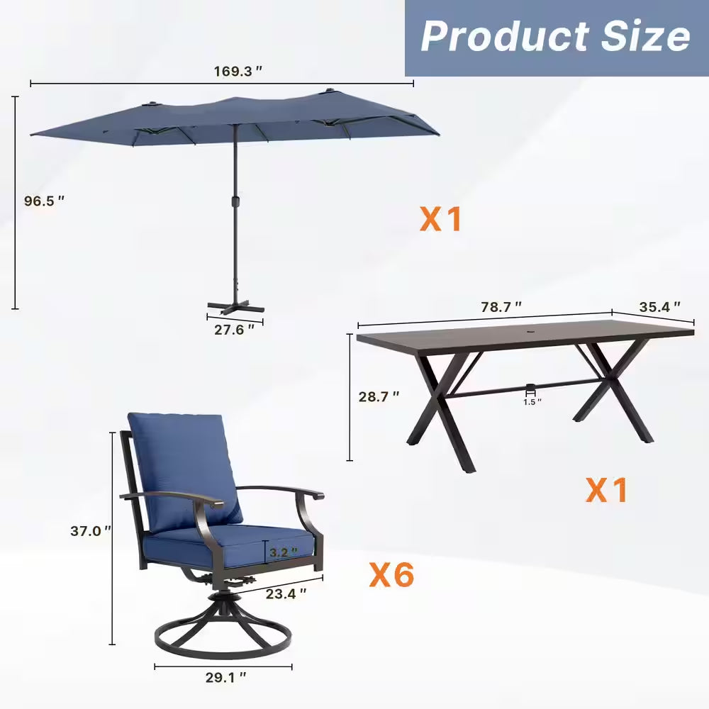 7-Piece Metal Patio Outdoor Dining Set with 6 Swivel Chairs, Large Table, Umbrella and Navyblue Cushions